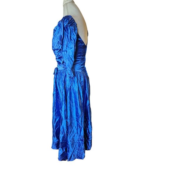 80s Size 8 Blue Formal Dress Gown‎ Prom Shiny Satin Assymetrical Puff Sleeve - Picture 6 of 14